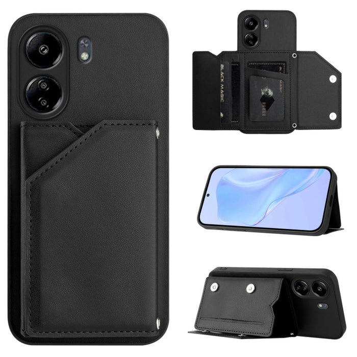 Estuche para teléfono con cuatro ranuras para tarjetas y correa para la muñeca con tacto de piel, For Redmi Turbo 4 Pro / Poco F7, For Redmi A5 4G 171.7mm / Poco C71, For Redmi Note 13R / Redmi 13, For Redmi A3 4G Global, For Redmi Note 13 Pro 4G Globa...