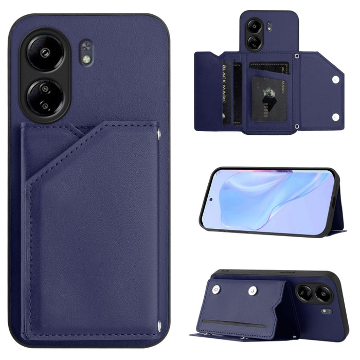 Estuche para teléfono con cuatro ranuras para tarjetas y correa para la muñeca con tacto de piel, For Redmi Turbo 4 Pro / Poco F7, For Redmi A5 4G 171.7mm / Poco C71, For Redmi Note 13R / Redmi 13, For Redmi A3 4G Global, For Redmi Note 13 Pro 4G Globa...
