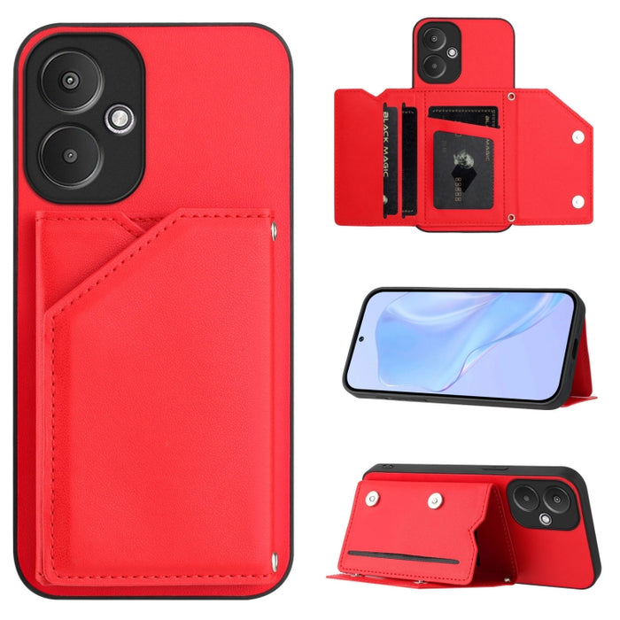 Estuche para teléfono con cuatro ranuras para tarjetas y correa para la muñeca con tacto de piel, For Redmi Turbo 4 Pro / Poco F7, For Redmi A5 4G 171.7mm / Poco C71, For Redmi Note 13R / Redmi 13, For Redmi A3 4G Global, For Redmi Note 13 Pro 4G Globa...
