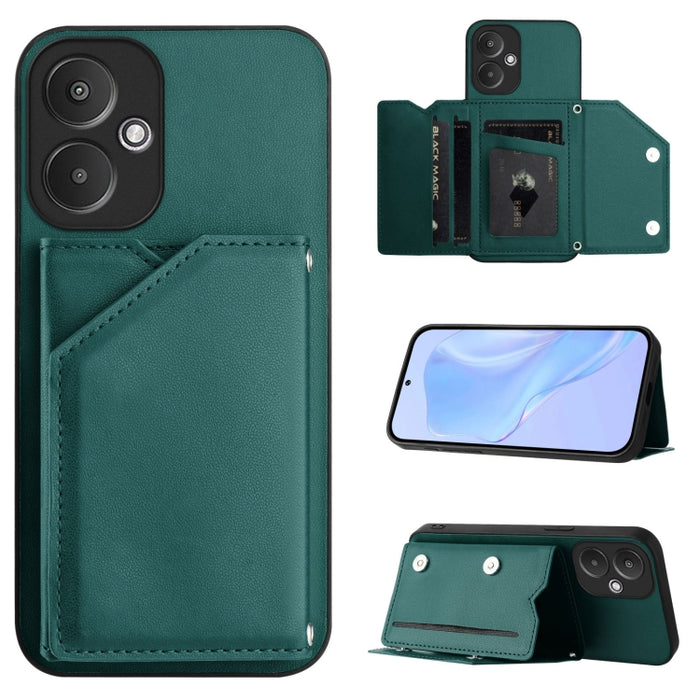 Estuche para teléfono con cuatro ranuras para tarjetas y correa para la muñeca con tacto de piel, For Redmi Turbo 4 Pro / Poco F7, For Redmi A5 4G 171.7mm / Poco C71, For Redmi Note 13R / Redmi 13, For Redmi A3 4G Global, For Redmi Note 13 Pro 4G Globa...