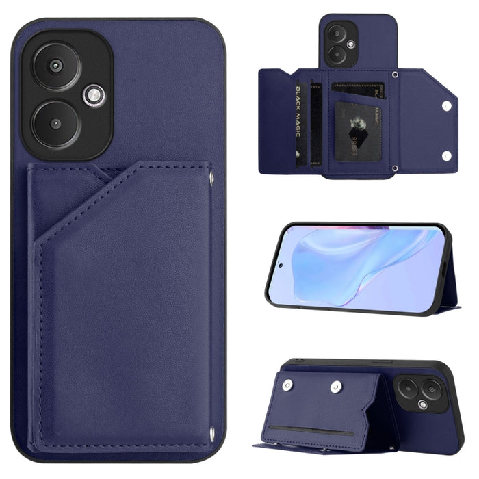 Estuche para teléfono con cuatro ranuras para tarjetas y correa para la muñeca con tacto de piel, For Redmi Turbo 4 Pro / Poco F7, For Redmi A5 4G 171.7mm / Poco C71, For Redmi Note 13R / Redmi 13, For Redmi A3 4G Global, For Redmi Note 13 Pro 4G Globa...