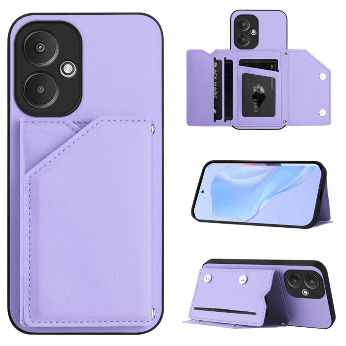 Estuche para teléfono con cuatro ranuras para tarjetas y correa para la muñeca con tacto de piel, For Redmi Turbo 4 Pro / Poco F7, For Redmi A5 4G 171.7mm / Poco C71, For Redmi Note 13R / Redmi 13, For Redmi A3 4G Global, For Redmi Note 13 Pro 4G Globa...