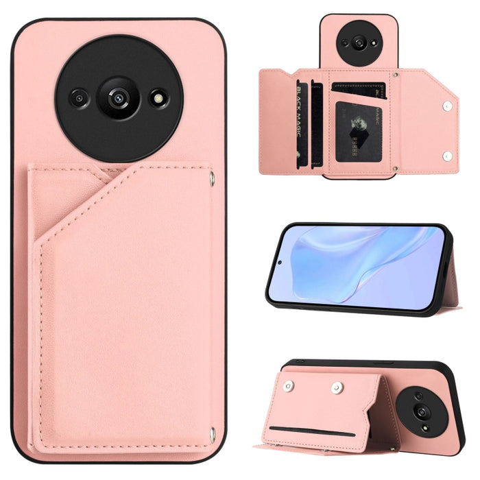 Estuche para teléfono con cuatro ranuras para tarjetas y correa para la muñeca con tacto de piel, For Redmi Turbo 4 Pro / Poco F7, For Redmi A5 4G 171.7mm / Poco C71, For Redmi Note 13R / Redmi 13, For Redmi A3 4G Global, For Redmi Note 13 Pro 4G Globa...