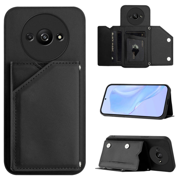 Estuche para teléfono con cuatro ranuras para tarjetas y correa para la muñeca con tacto de piel, For Redmi Turbo 4 Pro / Poco F7, For Redmi A5 4G 171.7mm / Poco C71, For Redmi Note 13R / Redmi 13, For Redmi A3 4G Global, For Redmi Note 13 Pro 4G Globa...