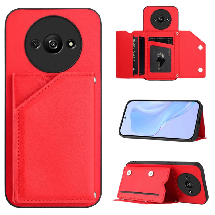 Estuche para teléfono con cuatro ranuras para tarjetas y correa para la muñeca con tacto de piel, For Redmi Turbo 4 Pro / Poco F7, For Redmi A5 4G 171.7mm / Poco C71, For Redmi Note 13R / Redmi 13, For Redmi A3 4G Global, For Redmi Note 13 Pro 4G Globa...
