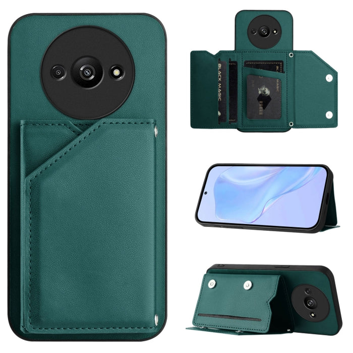Estuche para teléfono con cuatro ranuras para tarjetas y correa para la muñeca con tacto de piel, For Redmi Turbo 4 Pro / Poco F7, For Redmi A5 4G 171.7mm / Poco C71, For Redmi Note 13R / Redmi 13, For Redmi A3 4G Global, For Redmi Note 13 Pro 4G Globa...