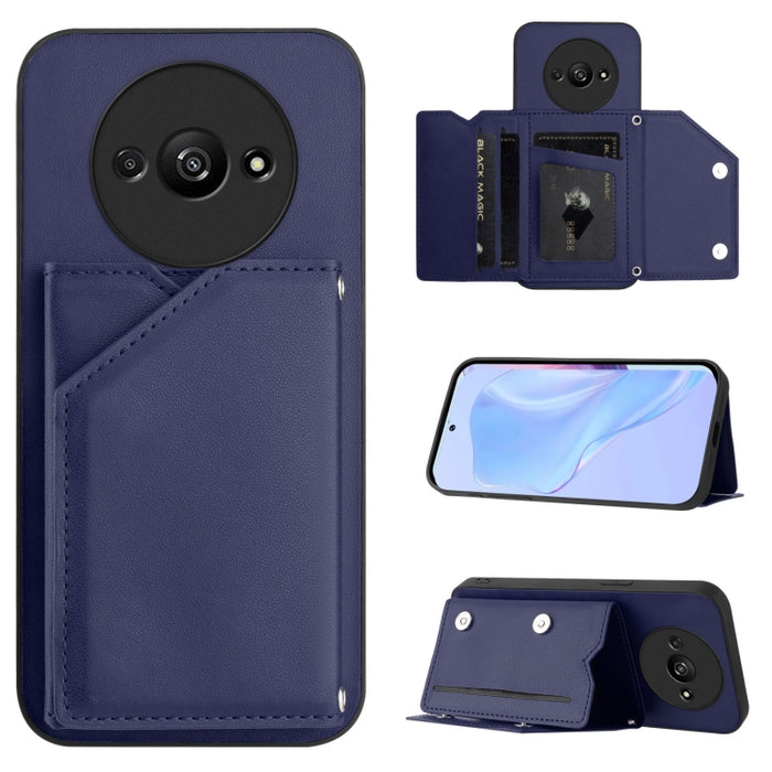 Estuche para teléfono con cuatro ranuras para tarjetas y correa para la muñeca con tacto de piel, For Redmi Turbo 4 Pro / Poco F7, For Redmi A5 4G 171.7mm / Poco C71, For Redmi Note 13R / Redmi 13, For Redmi A3 4G Global, For Redmi Note 13 Pro 4G Globa...