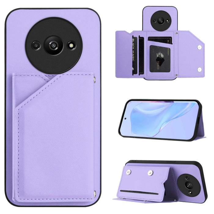 Estuche para teléfono con cuatro ranuras para tarjetas y correa para la muñeca con tacto de piel, For Redmi Turbo 4 Pro / Poco F7, For Redmi A5 4G 171.7mm / Poco C71, For Redmi Note 13R / Redmi 13, For Redmi A3 4G Global, For Redmi Note 13 Pro 4G Globa...