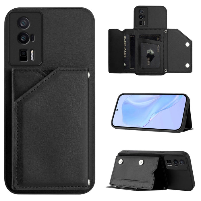 Estuche para teléfono con cuatro ranuras para tarjetas y correa para la muñeca con tacto de piel, For Redmi Turbo 4 Pro / Poco F7, For Redmi A5 4G 171.7mm / Poco C71, For Redmi Note 13R / Redmi 13, For Redmi A3 4G Global, For Redmi Note 13 Pro 4G Globa...