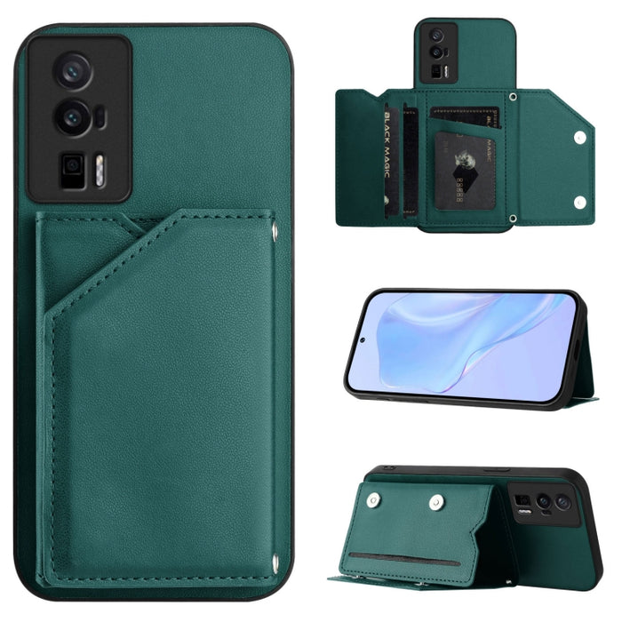 Estuche para teléfono con cuatro ranuras para tarjetas y correa para la muñeca con tacto de piel, For Redmi Turbo 4 Pro / Poco F7, For Redmi A5 4G 171.7mm / Poco C71, For Redmi Note 13R / Redmi 13, For Redmi A3 4G Global, For Redmi Note 13 Pro 4G Globa...