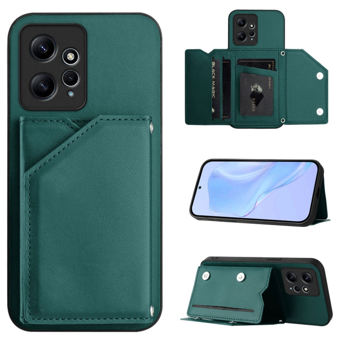Estuche para teléfono con cuatro ranuras para tarjetas y correa para la muñeca con tacto de piel, For Redmi Turbo 4 Pro / Poco F7, For Redmi A5 4G 171.7mm / Poco C71, For Redmi Note 13R / Redmi 13, For Redmi A3 4G Global, For Redmi Note 13 Pro 4G Globa...