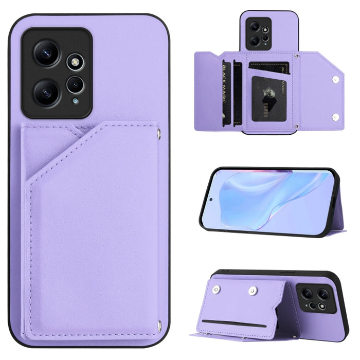Estuche para teléfono con cuatro ranuras para tarjetas y correa para la muñeca con tacto de piel, For Redmi Turbo 4 Pro / Poco F7, For Redmi A5 4G 171.7mm / Poco C71, For Redmi Note 13R / Redmi 13, For Redmi A3 4G Global, For Redmi Note 13 Pro 4G Globa...