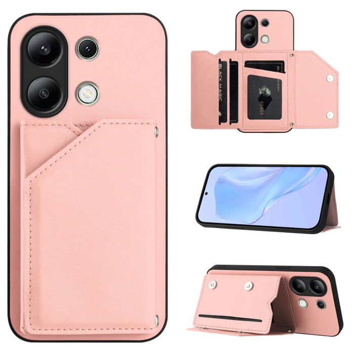 Estuche para teléfono con cuatro ranuras para tarjetas y correa para la muñeca con tacto de piel, For Redmi Turbo 4 Pro / Poco F7, For Redmi A5 4G 171.7mm / Poco C71, For Redmi Note 13R / Redmi 13, For Redmi A3 4G Global, For Redmi Note 13 Pro 4G Globa...