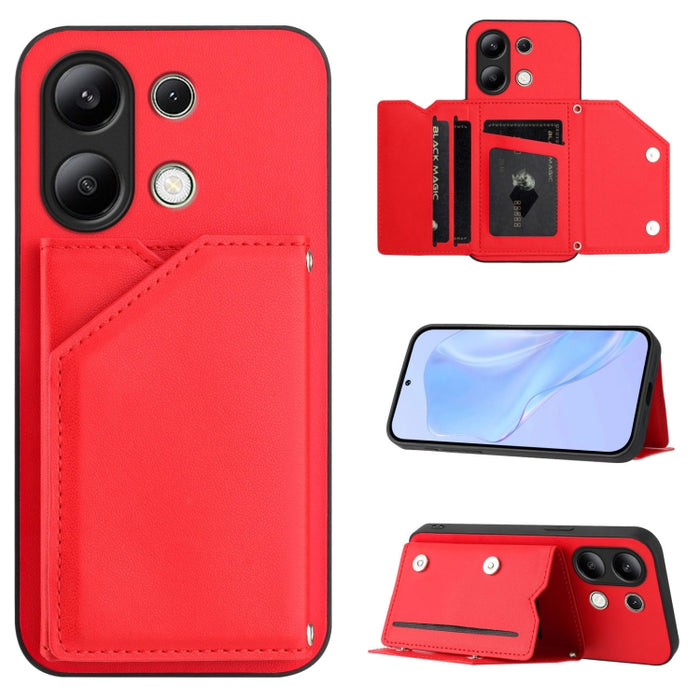 Estuche para teléfono con cuatro ranuras para tarjetas y correa para la muñeca con tacto de piel, For Redmi Turbo 4 Pro / Poco F7, For Redmi A5 4G 171.7mm / Poco C71, For Redmi Note 13R / Redmi 13, For Redmi A3 4G Global, For Redmi Note 13 Pro 4G Globa...