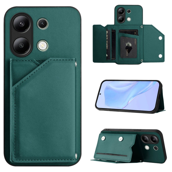 Estuche para teléfono con cuatro ranuras para tarjetas y correa para la muñeca con tacto de piel, For Redmi Turbo 4 Pro / Poco F7, For Redmi A5 4G 171.7mm / Poco C71, For Redmi Note 13R / Redmi 13, For Redmi A3 4G Global, For Redmi Note 13 Pro 4G Globa...