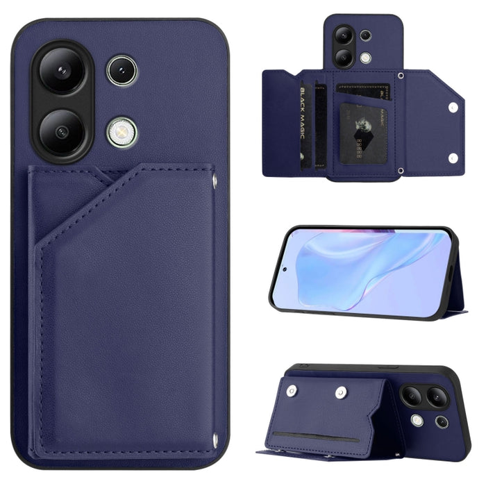 Estuche para teléfono con cuatro ranuras para tarjetas y correa para la muñeca con tacto de piel, For Redmi Turbo 4 Pro / Poco F7, For Redmi A5 4G 171.7mm / Poco C71, For Redmi Note 13R / Redmi 13, For Redmi A3 4G Global, For Redmi Note 13 Pro 4G Globa...