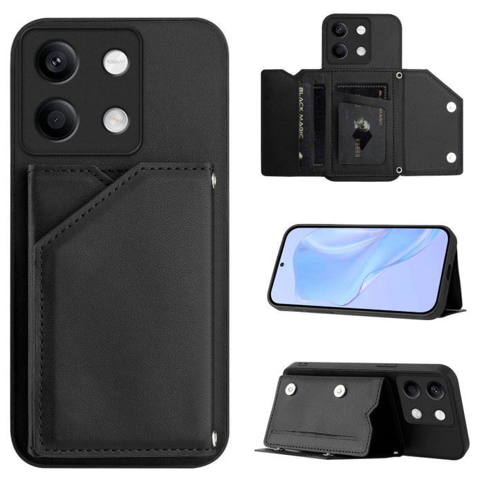 Estuche para teléfono con cuatro ranuras para tarjetas y correa para la muñeca con tacto de piel, For Redmi Turbo 4 Pro / Poco F7, For Redmi A5 4G 171.7mm / Poco C71, For Redmi Note 13R / Redmi 13, For Redmi A3 4G Global, For Redmi Note 13 Pro 4G Globa...