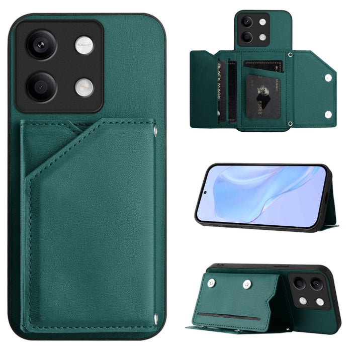 Estuche para teléfono con cuatro ranuras para tarjetas y correa para la muñeca con tacto de piel, For Redmi Turbo 4 Pro / Poco F7, For Redmi A5 4G 171.7mm / Poco C71, For Redmi Note 13R / Redmi 13, For Redmi A3 4G Global, For Redmi Note 13 Pro 4G Globa...