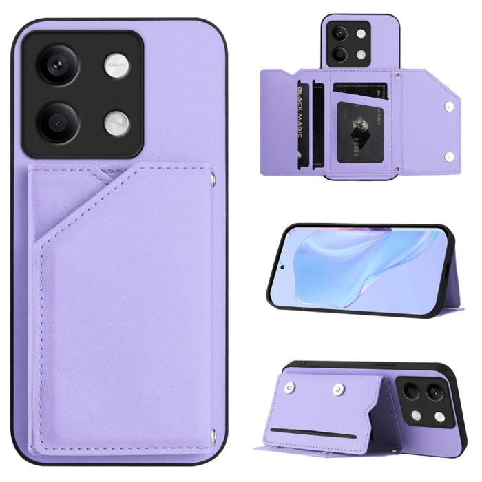 Estuche para teléfono con cuatro ranuras para tarjetas y correa para la muñeca con tacto de piel, For Redmi Turbo 4 Pro / Poco F7, For Redmi A5 4G 171.7mm / Poco C71, For Redmi Note 13R / Redmi 13, For Redmi A3 4G Global, For Redmi Note 13 Pro 4G Globa...