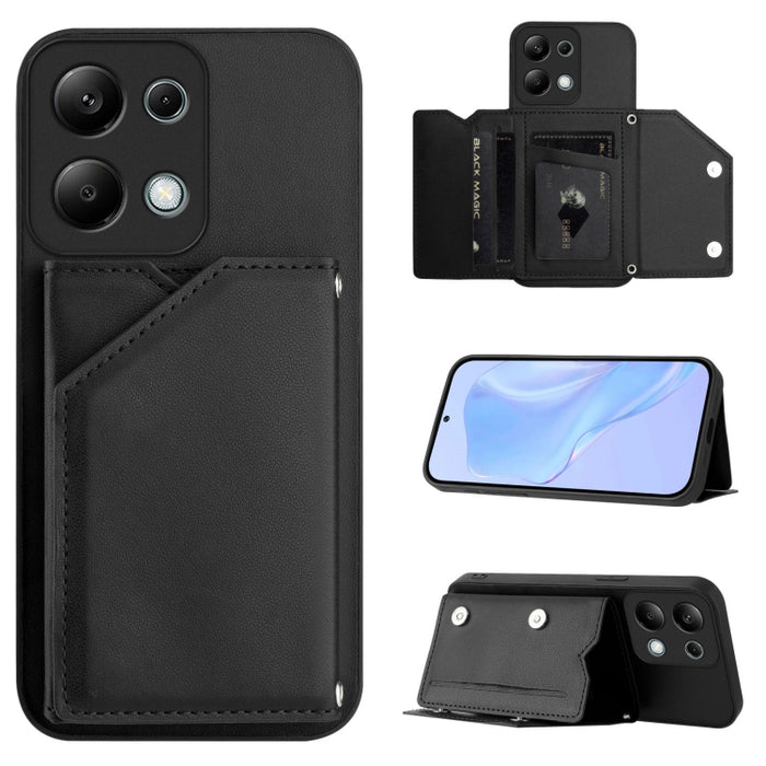 Estuche para teléfono con cuatro ranuras para tarjetas y correa para la muñeca con tacto de piel, For Redmi Turbo 4 Pro / Poco F7, For Redmi A5 4G 171.7mm / Poco C71, For Redmi Note 13R / Redmi 13, For Redmi A3 4G Global, For Redmi Note 13 Pro 4G Globa...