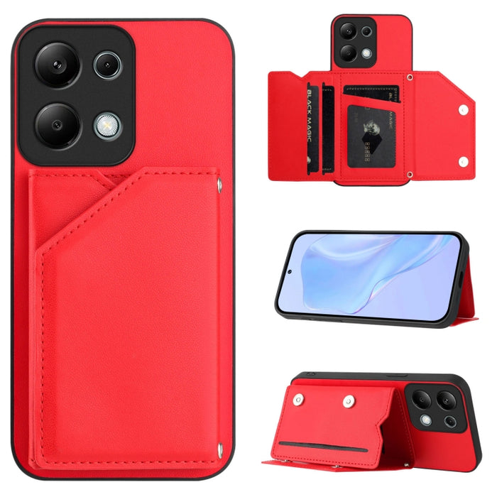 Estuche para teléfono con cuatro ranuras para tarjetas y correa para la muñeca con tacto de piel, For Redmi Turbo 4 Pro / Poco F7, For Redmi A5 4G 171.7mm / Poco C71, For Redmi Note 13R / Redmi 13, For Redmi A3 4G Global, For Redmi Note 13 Pro 4G Globa...