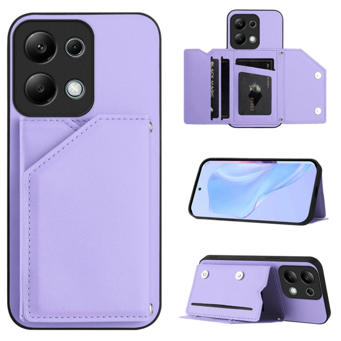 Estuche para teléfono con cuatro ranuras para tarjetas y correa para la muñeca con tacto de piel, For Redmi Turbo 4 Pro / Poco F7, For Redmi A5 4G 171.7mm / Poco C71, For Redmi Note 13R / Redmi 13, For Redmi A3 4G Global, For Redmi Note 13 Pro 4G Globa...