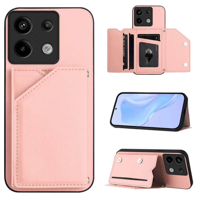 Estuche para teléfono con cuatro ranuras para tarjetas y correa para la muñeca con tacto de piel, For Redmi Turbo 4 Pro / Poco F7, For Redmi A5 4G 171.7mm / Poco C71, For Redmi Note 13R / Redmi 13, For Redmi A3 4G Global, For Redmi Note 13 Pro 4G Globa...