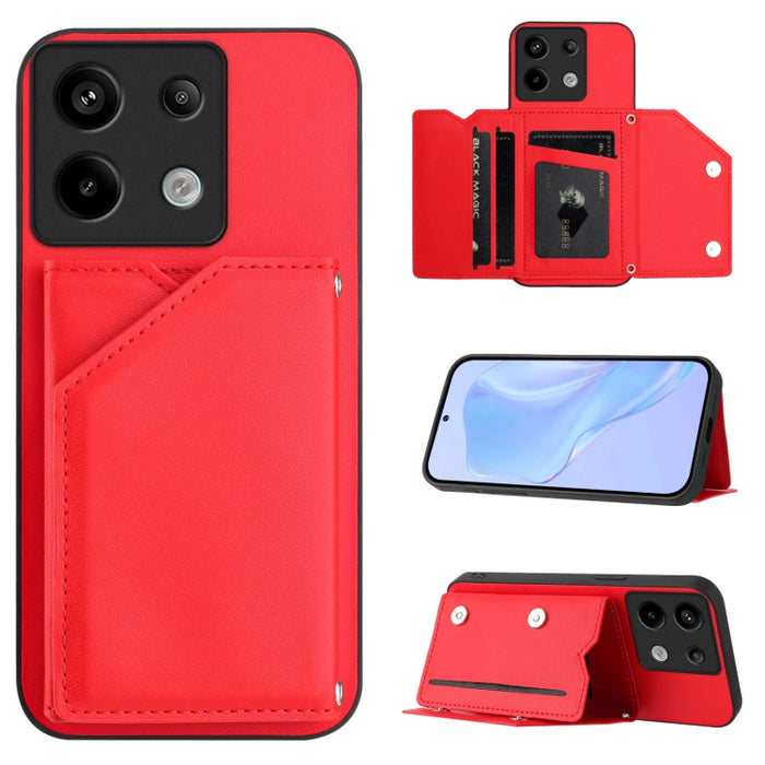 Estuche para teléfono con cuatro ranuras para tarjetas y correa para la muñeca con tacto de piel, For Redmi Turbo 4 Pro / Poco F7, For Redmi A5 4G 171.7mm / Poco C71, For Redmi Note 13R / Redmi 13, For Redmi A3 4G Global, For Redmi Note 13 Pro 4G Globa...
