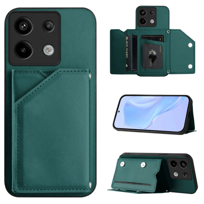 Estuche para teléfono con cuatro ranuras para tarjetas y correa para la muñeca con tacto de piel, For Redmi Turbo 4 Pro / Poco F7, For Redmi A5 4G 171.7mm / Poco C71, For Redmi Note 13R / Redmi 13, For Redmi A3 4G Global, For Redmi Note 13 Pro 4G Globa...