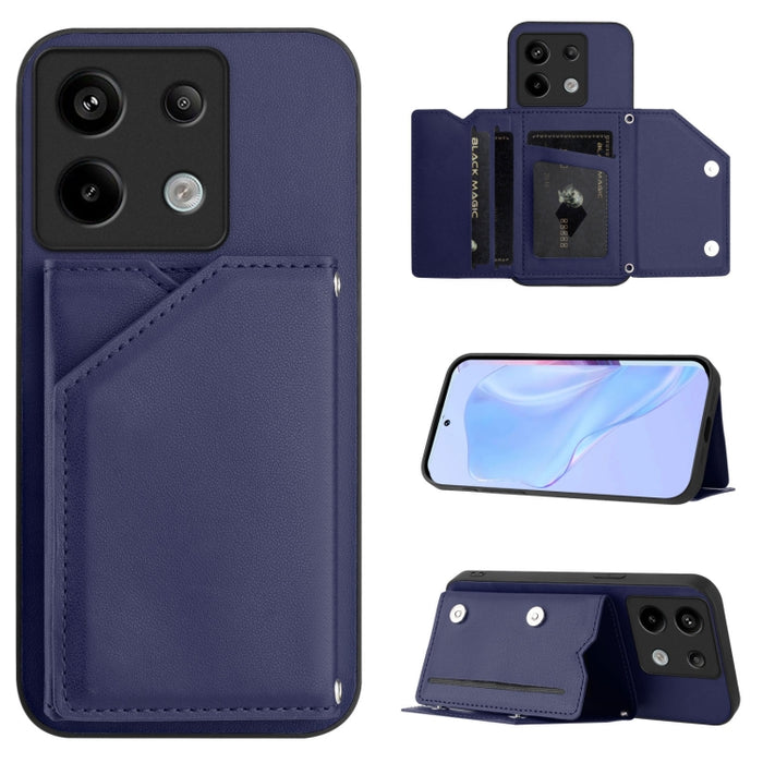 Estuche para teléfono con cuatro ranuras para tarjetas y correa para la muñeca con tacto de piel, For Redmi Turbo 4 Pro / Poco F7, For Redmi A5 4G 171.7mm / Poco C71, For Redmi Note 13R / Redmi 13, For Redmi A3 4G Global, For Redmi Note 13 Pro 4G Globa...