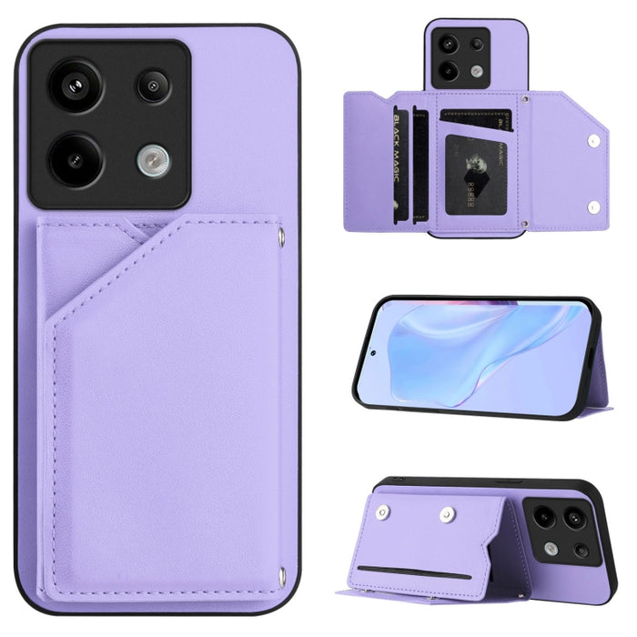 Estuche para teléfono con cuatro ranuras para tarjetas y correa para la muñeca con tacto de piel, For Redmi Turbo 4 Pro / Poco F7, For Redmi A5 4G 171.7mm / Poco C71, For Redmi Note 13R / Redmi 13, For Redmi A3 4G Global, For Redmi Note 13 Pro 4G Globa...