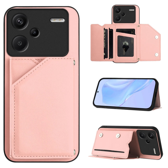 Estuche para teléfono con cuatro ranuras para tarjetas y correa para la muñeca con tacto de piel, For Redmi Turbo 4 Pro / Poco F7, For Redmi A5 4G 171.7mm / Poco C71, For Redmi Note 13R / Redmi 13, For Redmi A3 4G Global, For Redmi Note 13 Pro 4G Globa...