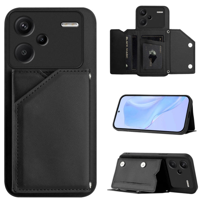 Estuche para teléfono con cuatro ranuras para tarjetas y correa para la muñeca con tacto de piel, For Redmi Turbo 4 Pro / Poco F7, For Redmi A5 4G 171.7mm / Poco C71, For Redmi Note 13R / Redmi 13, For Redmi A3 4G Global, For Redmi Note 13 Pro 4G Globa...