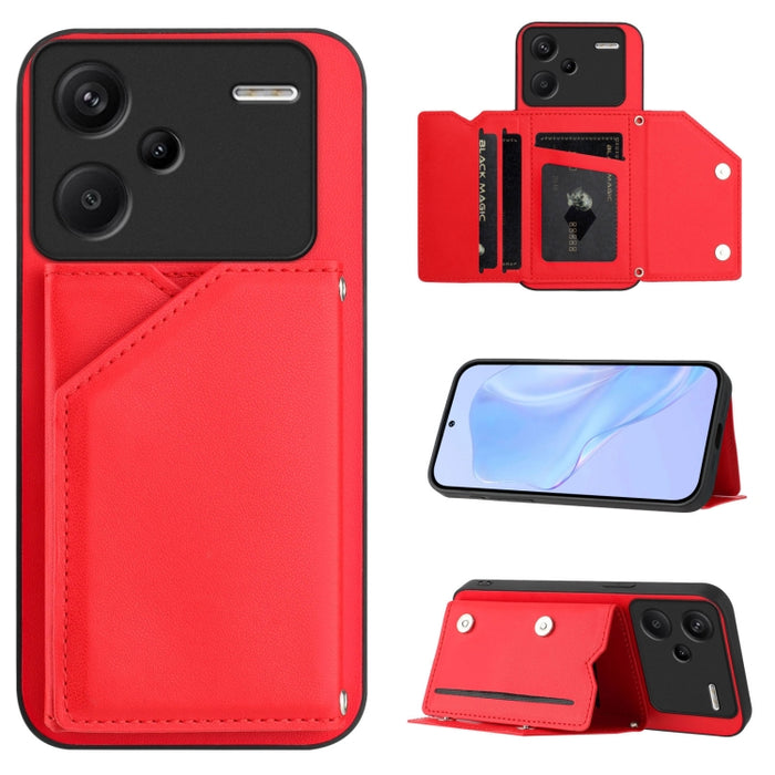 Estuche para teléfono con cuatro ranuras para tarjetas y correa para la muñeca con tacto de piel, For Redmi Turbo 4 Pro / Poco F7, For Redmi A5 4G 171.7mm / Poco C71, For Redmi Note 13R / Redmi 13, For Redmi A3 4G Global, For Redmi Note 13 Pro 4G Globa...