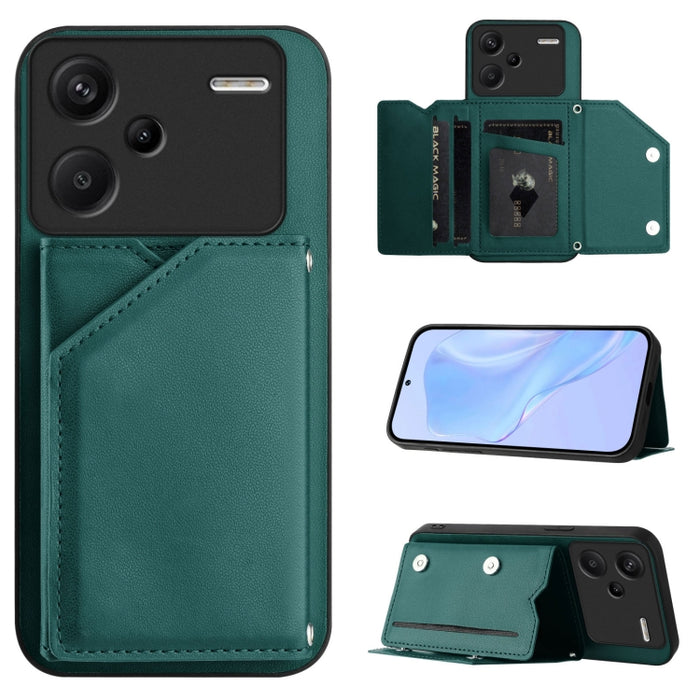 Estuche para teléfono con cuatro ranuras para tarjetas y correa para la muñeca con tacto de piel, For Redmi Turbo 4 Pro / Poco F7, For Redmi A5 4G 171.7mm / Poco C71, For Redmi Note 13R / Redmi 13, For Redmi A3 4G Global, For Redmi Note 13 Pro 4G Globa...