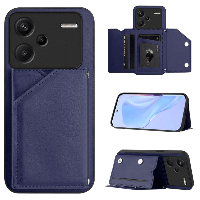 Estuche para teléfono con cuatro ranuras para tarjetas y correa para la muñeca con tacto de piel, For Redmi Turbo 4 Pro / Poco F7, For Redmi A5 4G 171.7mm / Poco C71, For Redmi Note 13R / Redmi 13, For Redmi A3 4G Global, For Redmi Note 13 Pro 4G Globa...