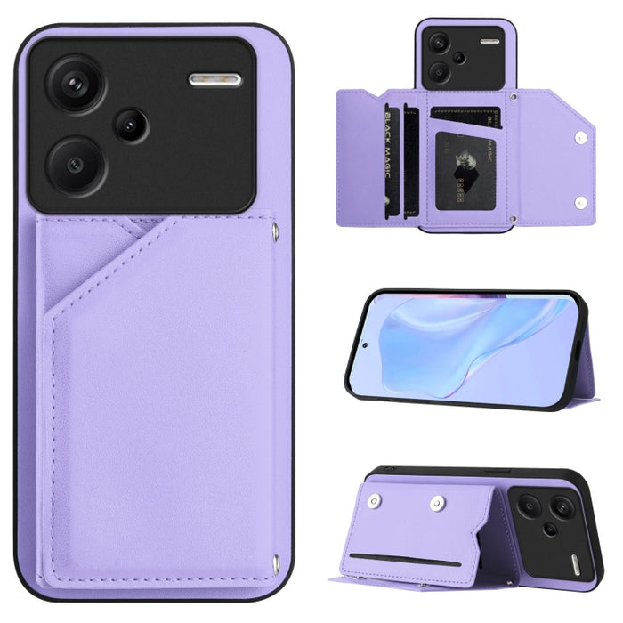 Estuche para teléfono con cuatro ranuras para tarjetas y correa para la muñeca con tacto de piel, For Redmi Turbo 4 Pro / Poco F7, For Redmi A5 4G 171.7mm / Poco C71, For Redmi Note 13R / Redmi 13, For Redmi A3 4G Global, For Redmi Note 13 Pro 4G Globa...