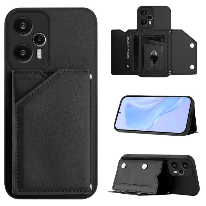 Estuche para teléfono con cuatro ranuras para tarjetas y correa para la muñeca con tacto de piel, For Redmi Turbo 4 Pro / Poco F7, For Redmi A5 4G 171.7mm / Poco C71, For Redmi Note 13R / Redmi 13, For Redmi A3 4G Global, For Redmi Note 13 Pro 4G Globa...