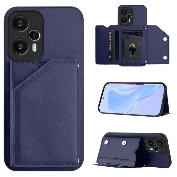 Estuche para teléfono con cuatro ranuras para tarjetas y correa para la muñeca con tacto de piel, For Redmi Turbo 4 Pro / Poco F7, For Redmi A5 4G 171.7mm / Poco C71, For Redmi Note 13R / Redmi 13, For Redmi A3 4G Global, For Redmi Note 13 Pro 4G Globa...