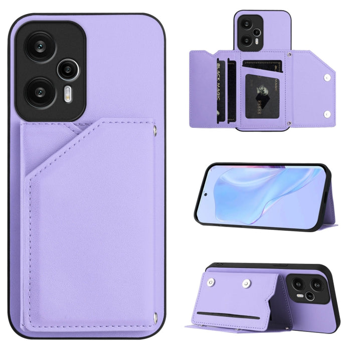Estuche para teléfono con cuatro ranuras para tarjetas y correa para la muñeca con tacto de piel, For Redmi Turbo 4 Pro / Poco F7, For Redmi A5 4G 171.7mm / Poco C71, For Redmi Note 13R / Redmi 13, For Redmi A3 4G Global, For Redmi Note 13 Pro 4G Globa...