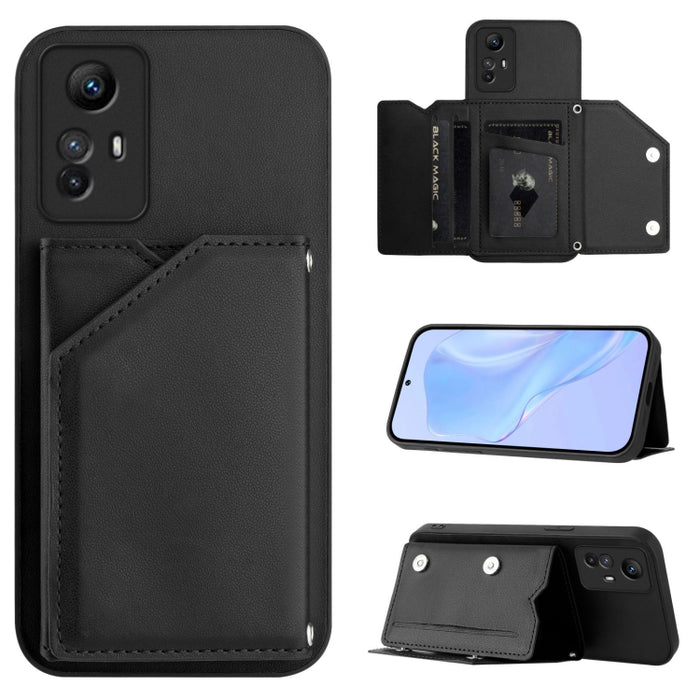 Estuche para teléfono con cuatro ranuras para tarjetas y correa para la muñeca con tacto de piel, For Redmi Turbo 4 Pro / Poco F7, For Redmi A5 4G 171.7mm / Poco C71, For Redmi Note 13R / Redmi 13, For Redmi A3 4G Global, For Redmi Note 13 Pro 4G Globa...