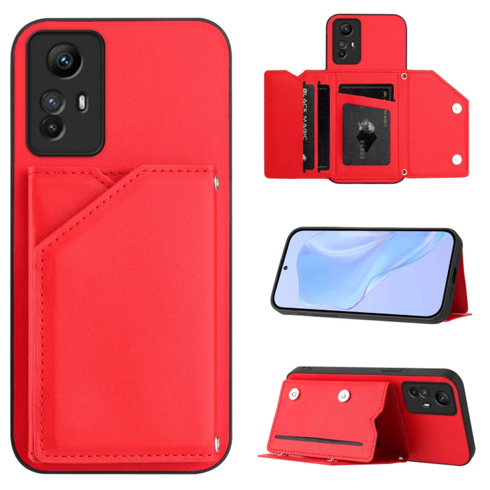 Estuche para teléfono con cuatro ranuras para tarjetas y correa para la muñeca con tacto de piel, For Redmi Turbo 4 Pro / Poco F7, For Redmi A5 4G 171.7mm / Poco C71, For Redmi Note 13R / Redmi 13, For Redmi A3 4G Global, For Redmi Note 13 Pro 4G Globa...