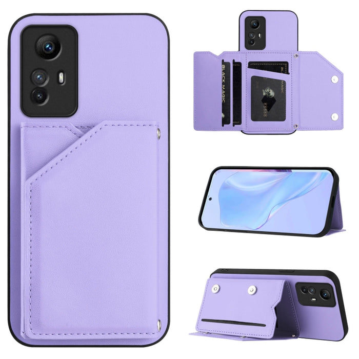 Estuche para teléfono con cuatro ranuras para tarjetas y correa para la muñeca con tacto de piel, For Redmi Turbo 4 Pro / Poco F7, For Redmi A5 4G 171.7mm / Poco C71, For Redmi Note 13R / Redmi 13, For Redmi A3 4G Global, For Redmi Note 13 Pro 4G Globa...