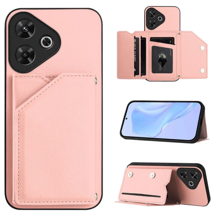 Estuche para teléfono con cuatro ranuras para tarjetas y correa para la muñeca con tacto de piel, For Redmi Turbo 4 Pro / Poco F7, For Redmi A5 4G 171.7mm / Poco C71, For Redmi Note 13R / Redmi 13, For Redmi A3 4G Global, For Redmi Note 13 Pro 4G Globa...