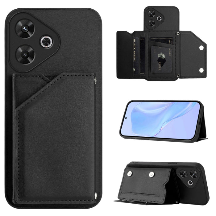 Estuche para teléfono con cuatro ranuras para tarjetas y correa para la muñeca con tacto de piel, For Redmi Turbo 4 Pro / Poco F7, For Redmi A5 4G 171.7mm / Poco C71, For Redmi Note 13R / Redmi 13, For Redmi A3 4G Global, For Redmi Note 13 Pro 4G Globa...