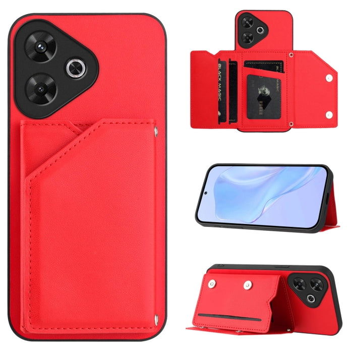 Estuche para teléfono con cuatro ranuras para tarjetas y correa para la muñeca con tacto de piel, For Redmi Turbo 4 Pro / Poco F7, For Redmi A5 4G 171.7mm / Poco C71, For Redmi Note 13R / Redmi 13, For Redmi A3 4G Global, For Redmi Note 13 Pro 4G Globa...