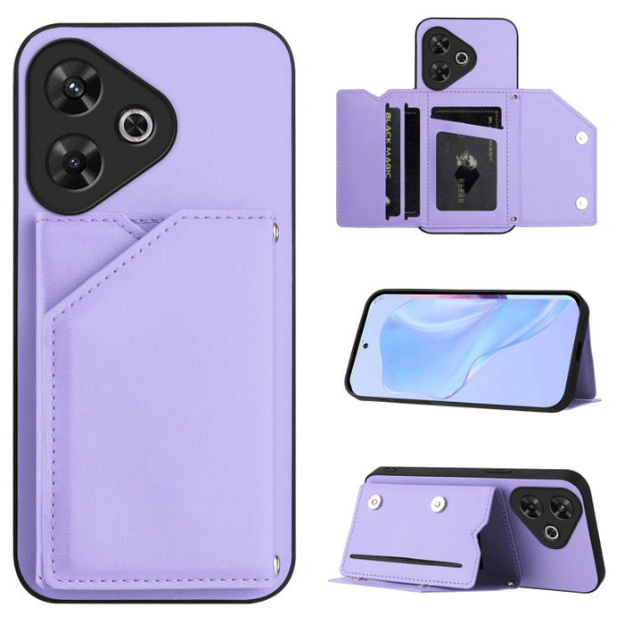 Estuche para teléfono con cuatro ranuras para tarjetas y correa para la muñeca con tacto de piel, For Redmi Turbo 4 Pro / Poco F7, For Redmi A5 4G 171.7mm / Poco C71, For Redmi Note 13R / Redmi 13, For Redmi A3 4G Global, For Redmi Note 13 Pro 4G Globa...
