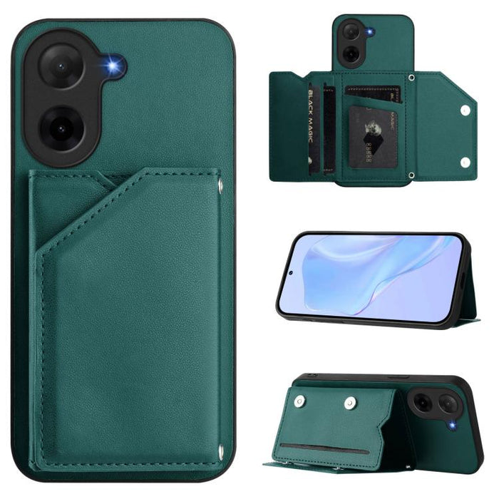 Estuche para teléfono con cuatro ranuras para tarjetas y correa para la muñeca con tacto de piel, For Redmi Turbo 4 Pro / Poco F7, For Redmi A5 4G 171.7mm / Poco C71, For Redmi Note 13R / Redmi 13, For Redmi A3 4G Global, For Redmi Note 13 Pro 4G Globa...