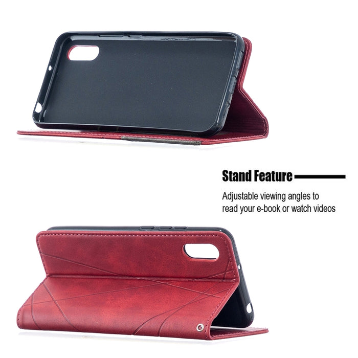 Estuche de cuero magnético con tapa horizontal con textura de rombos con soporte y ranuras para tarjetas