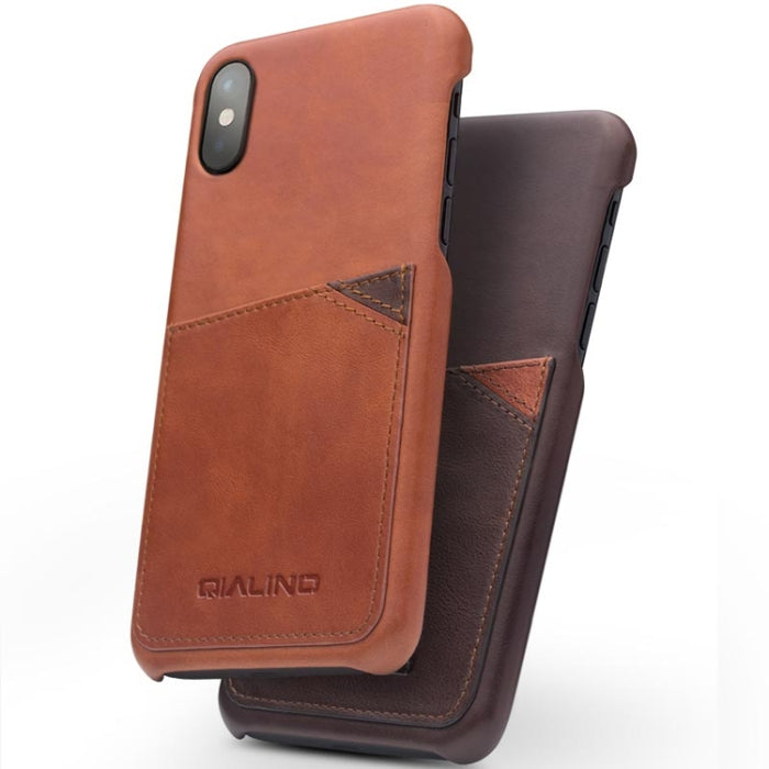 Para iPhone X / XS QIALINO Funda protectora de cuero de vaca a prueba de golpes con ranura para tarjeta